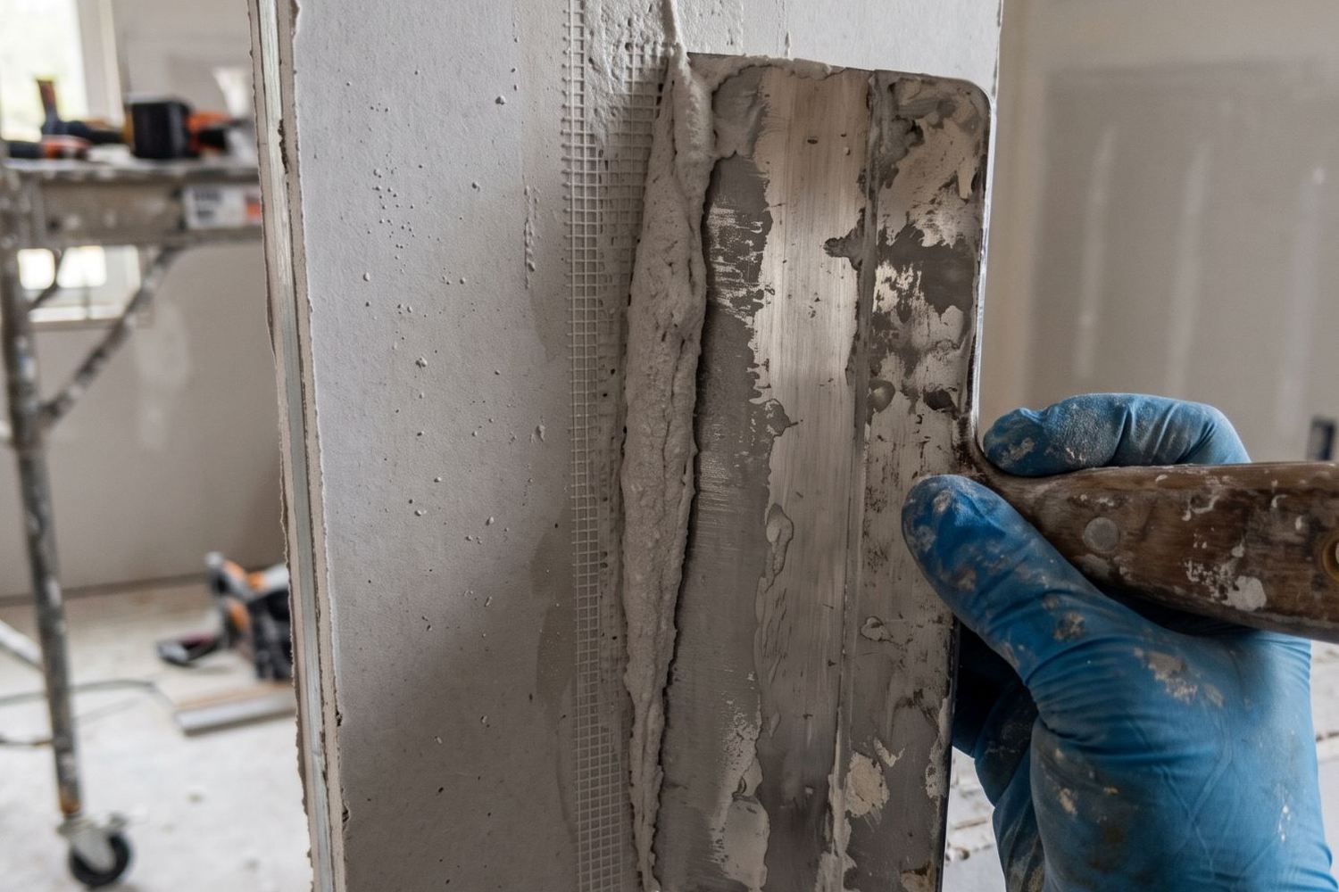 Tratamento de junta entre duas placas de drywall: fita telada aplicada sobre a junta e massa sendo espalhada com desempenadeira