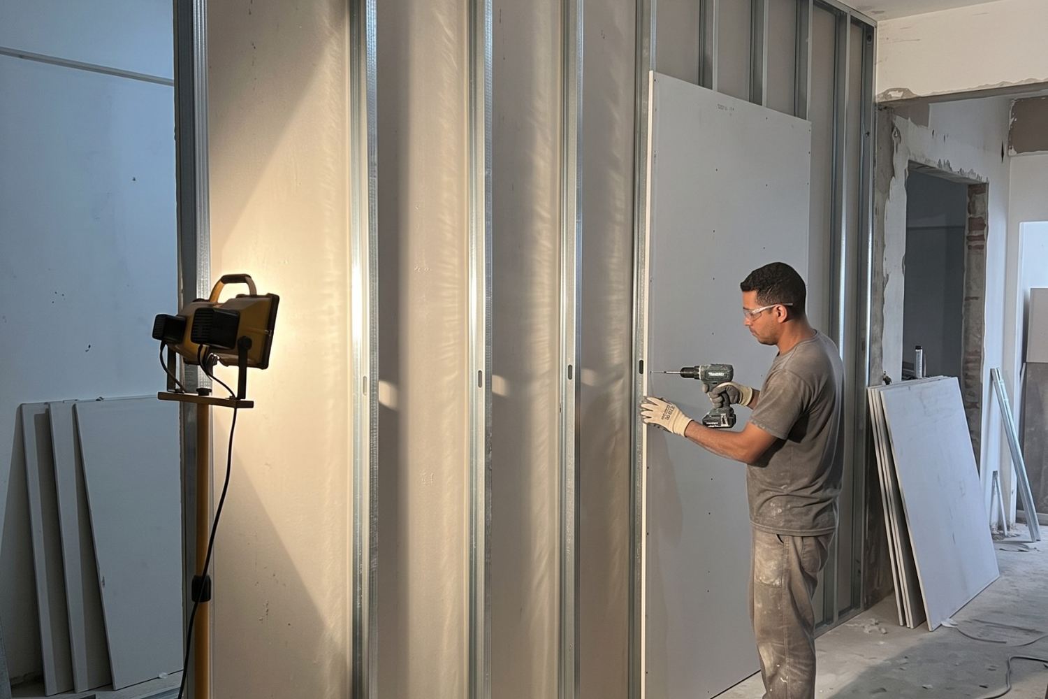 Parede de drywall em montagem: montantes metálicos aparentes e a placa sendo parafusada na estrutura