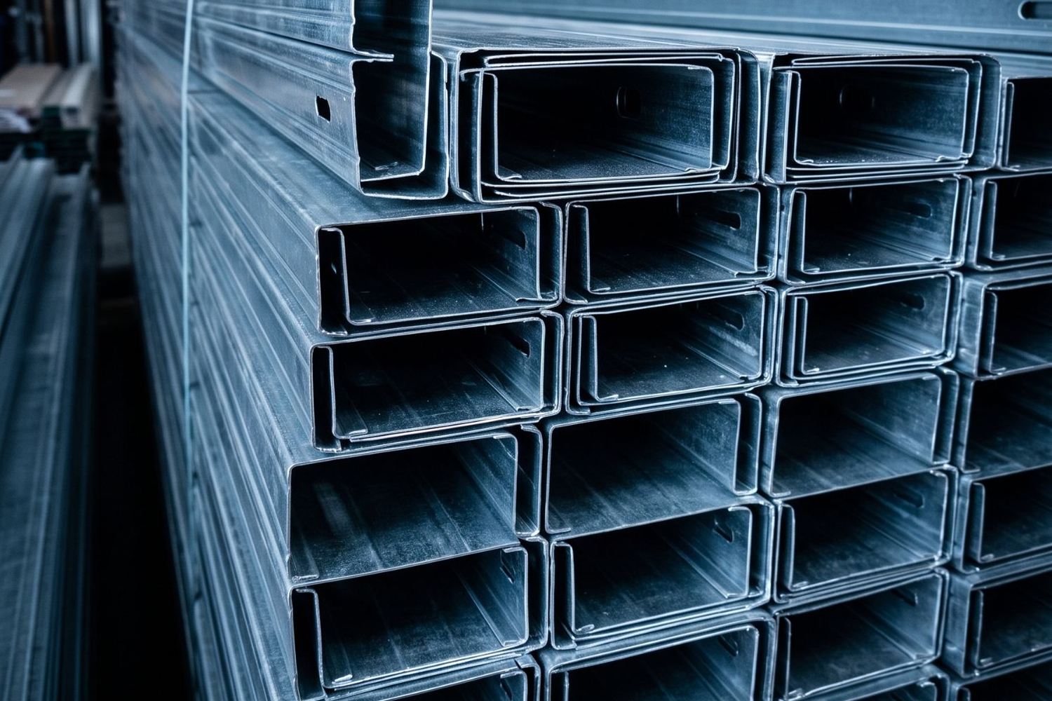Perfis metálicos galvanizados para drywall empilhados, com os lábios dobrados e os furos de passagem à vista