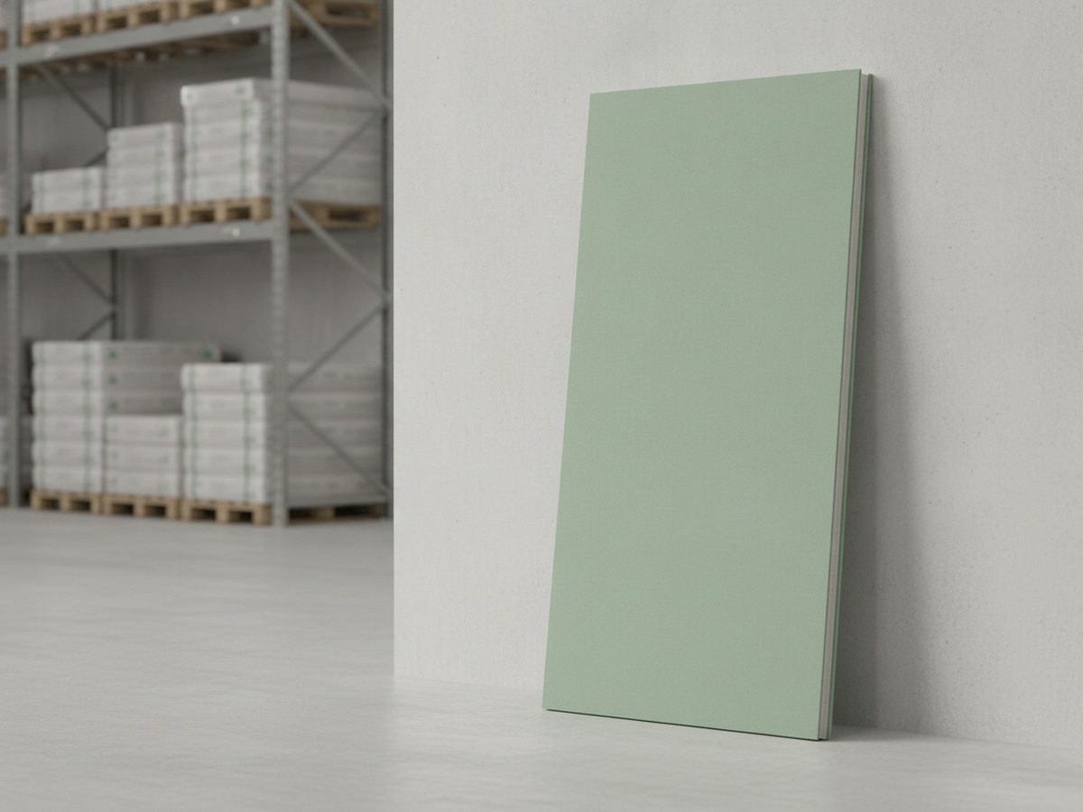 Placa de drywall RU apoiada na parede de um galpão, com o papel de cor verde que identifica a placa resistente à umidade