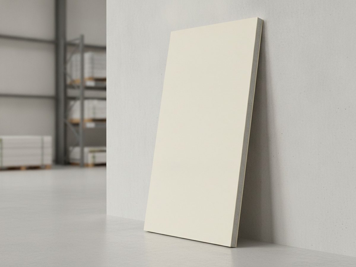 Placa de drywall ST apoiada na parede de um galpão, com o papel de cor clara na face e o miolo de gesso aparecendo no corte da borda